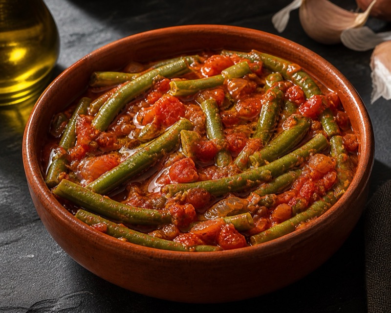 Italiaanse sperziebonen in tomatensaus met knoflook in een terracotta schaal