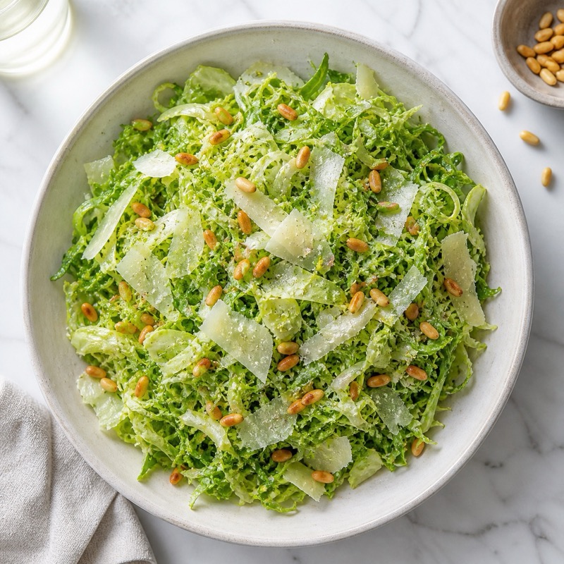 Salade van raapstelen met pijnboompitten en parmezaan op wit marmer