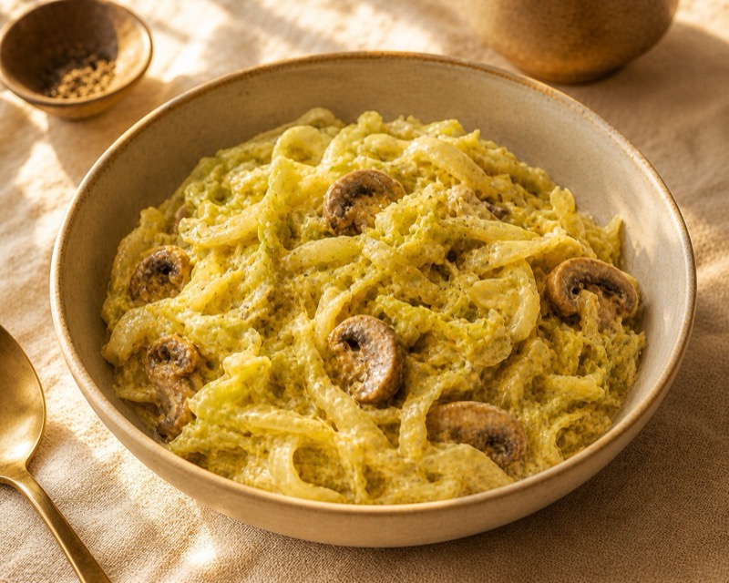 Romige spitskool met champignons in currysaus in een keramische kom