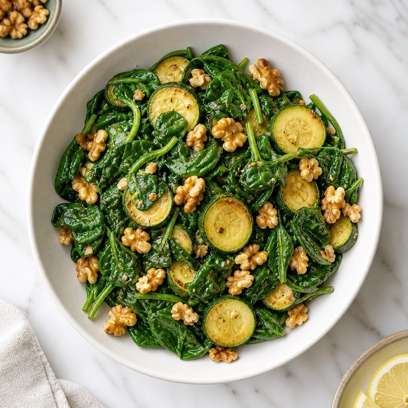 Warme spinaziesalade met courgette, walnoten en citroendressing op wit marmer