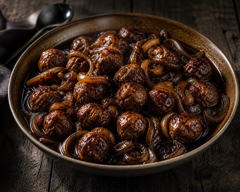 Zoete gehaktballetjes in donkere appelstroop-azijnsaus met gekarameliseerde uien