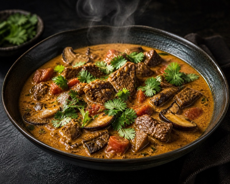 Oosterse stoofpot met rundvlees, shiitake en kokosmelk met koriander