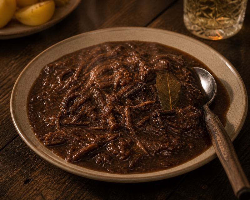 Klassieke hachee met laurierblad en lepel op donker houten tafel