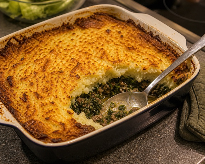 Spinazie-ovenschotel met aardappelpuree en goudbruin korstje, net uit de oven