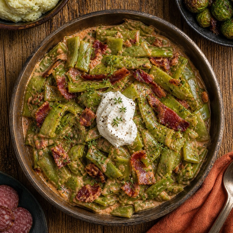 Snijbonen de luxe in romige tomatensaus met spekreepjes en crème fraîche
