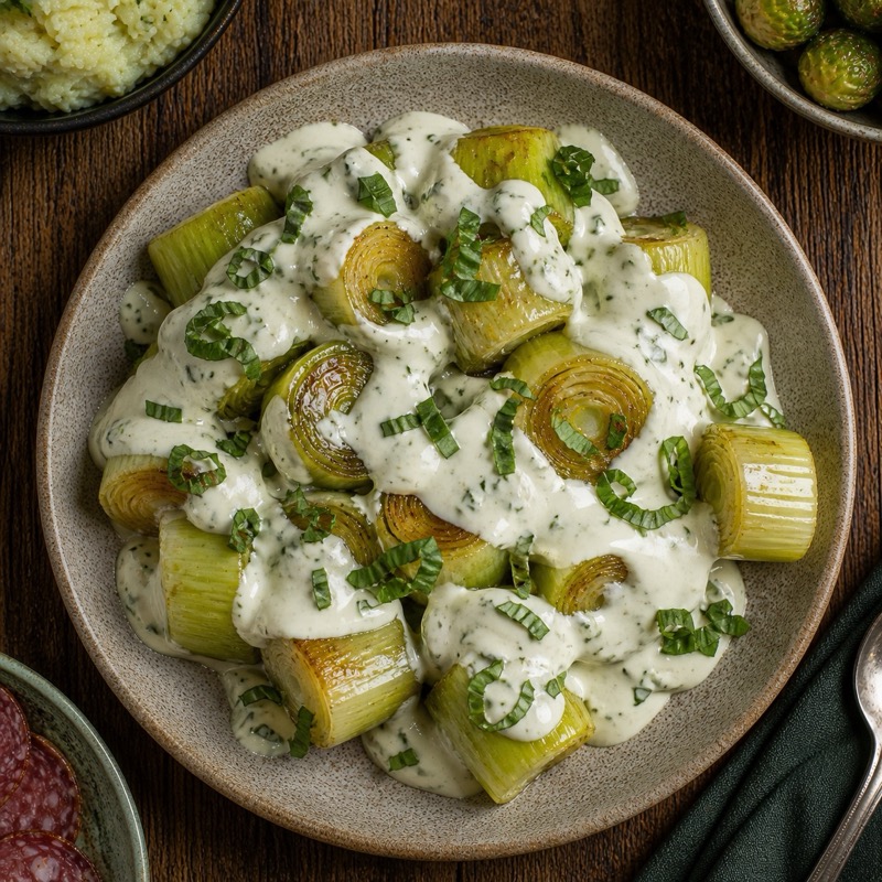 Gesmoorde prei met yoghurtsaus en basilicum in een kom