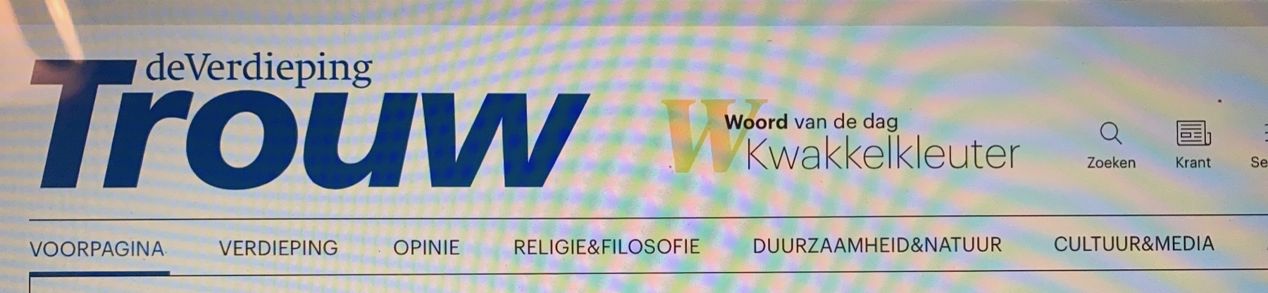 Screenshot van de Trouw-website met 'Kwakkelkleuter' als woord van de dag