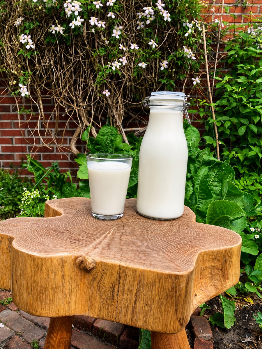 Een glazen fles en een glas volle melk op een houten boomstronk in een tuin met bloeiende klimplant en groene planten op de achtergrond.
